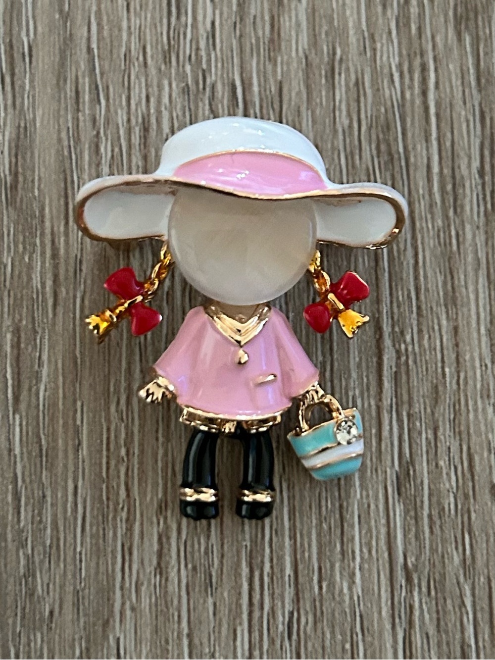Pink and Gold Little Girl Brooch with Pink Hat